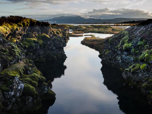 un río rodeado de rocas y musgo con montañas al fondo .