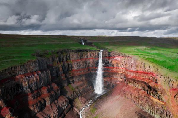 Aerial view of Hengifoss waterfall, East Iceland