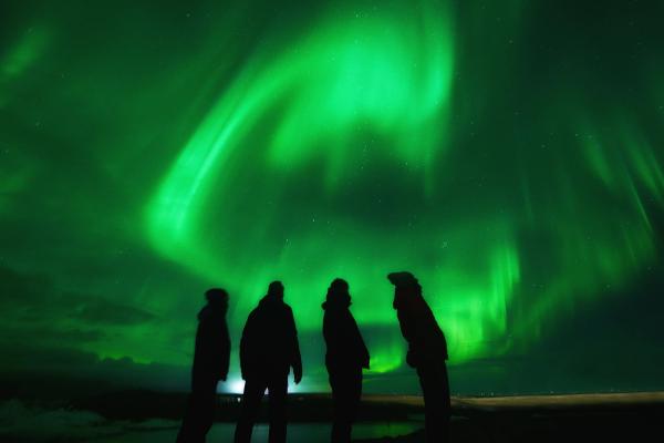 Four people silhouetted against a vibrant green aurora borealis.