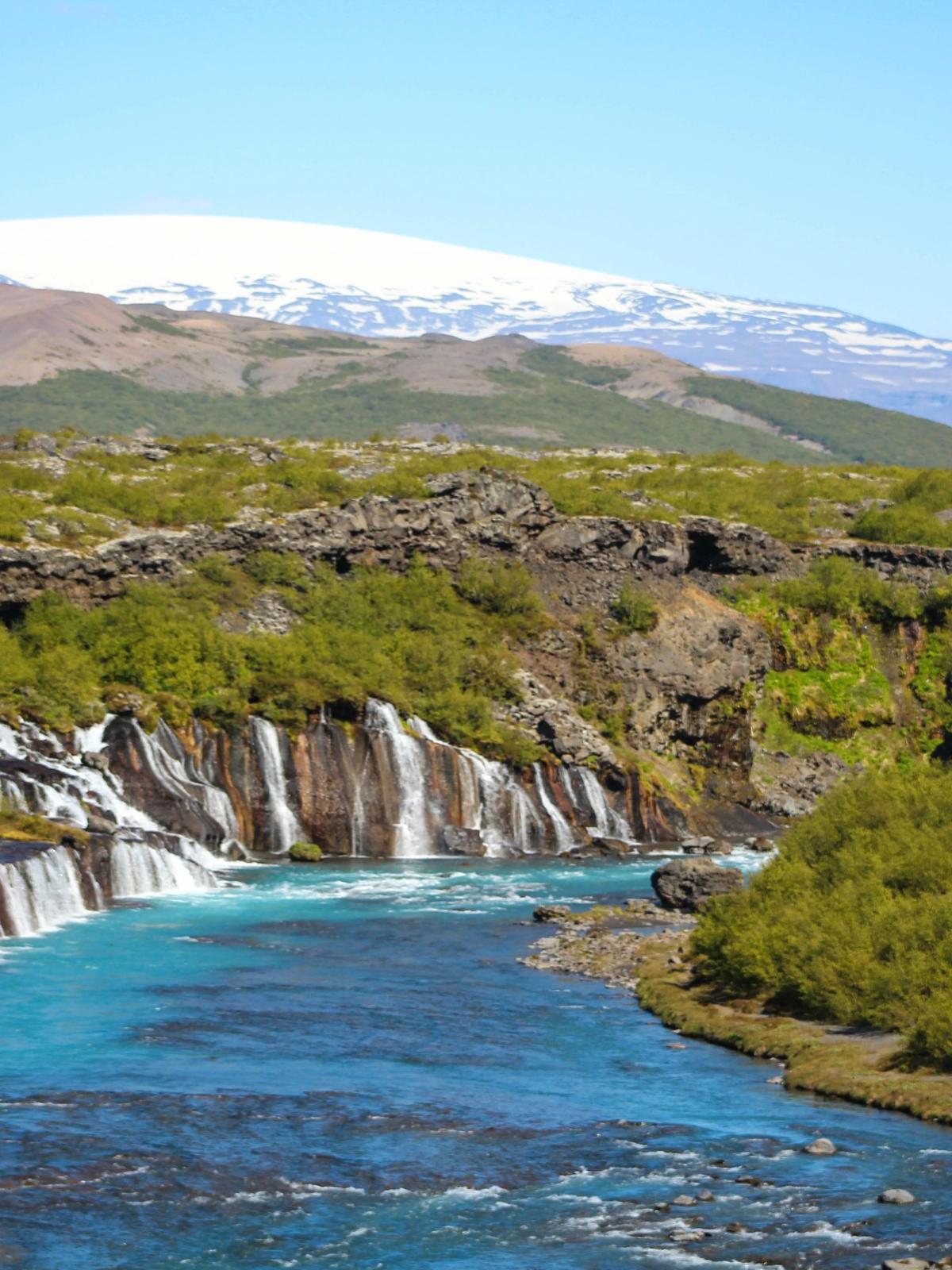 a river flowing through a lush green forest with mountains in the background .
