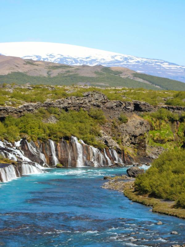 a river flowing through a lush green forest with mountains in the background .