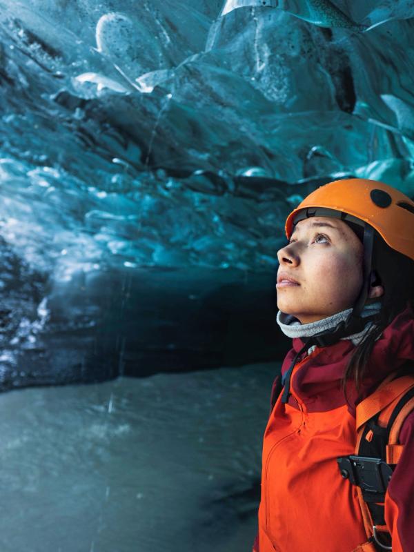 march in iceland ice caving during march in iceland, off season with sturdy hiking boots.