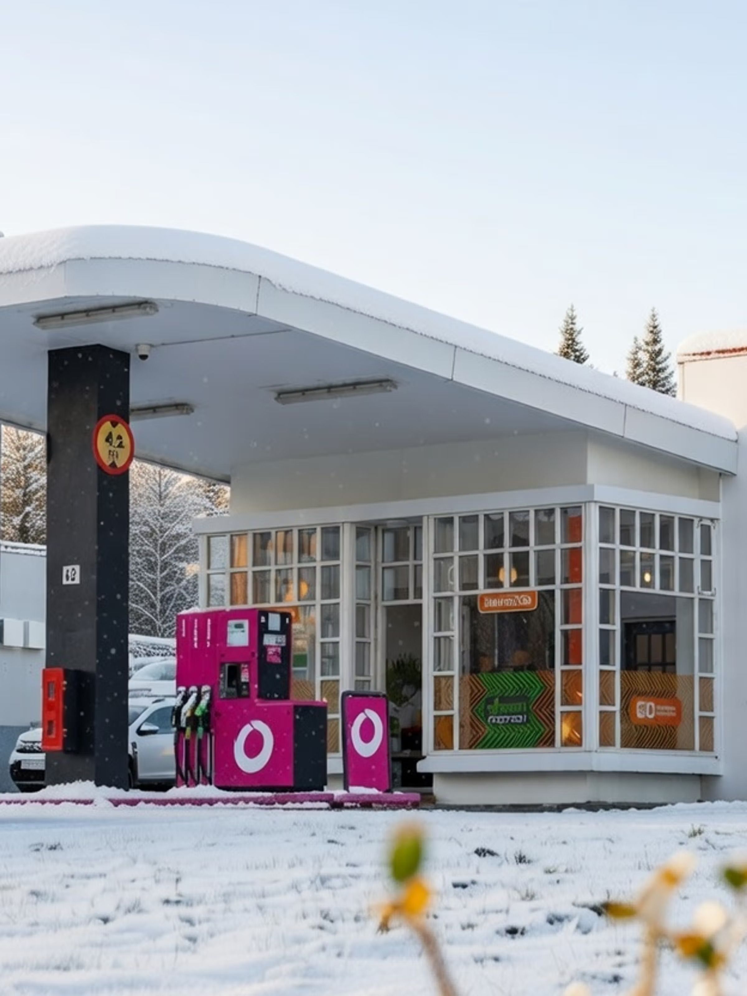 Una gasolinera nevada con surtidores rosas y negros que tienen un logotipo blanco con la letra "O", junto a un edificio moderno con grandes ventanales.