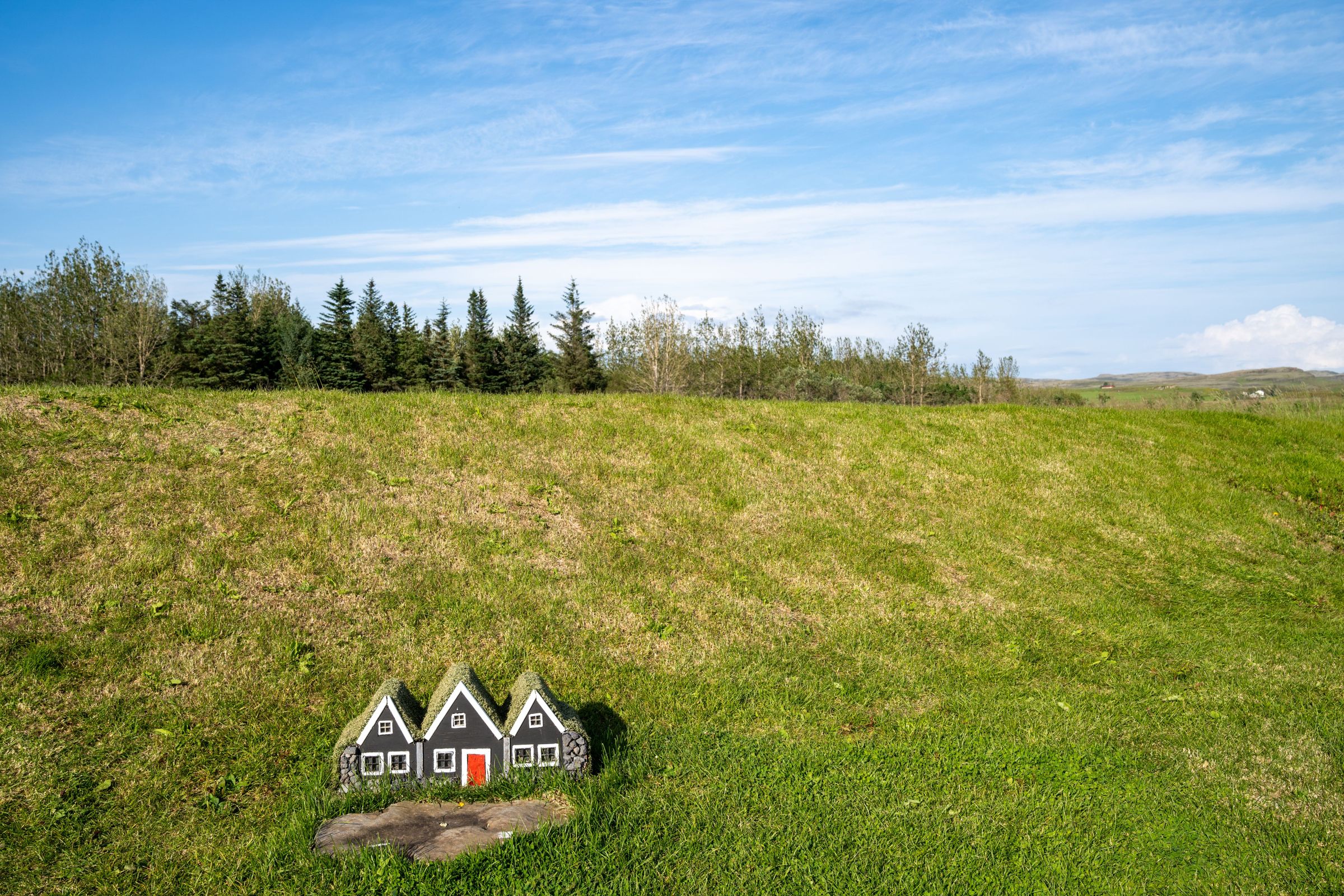 three small houses are sitting in the middle of a grassy field .
