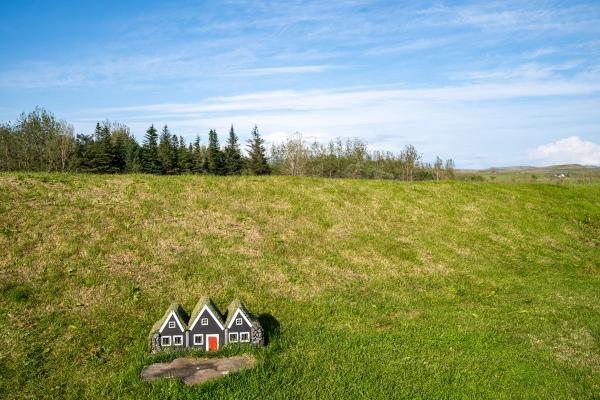 three small houses are sitting in the middle of a grassy field .
