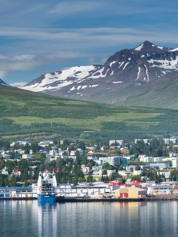 a large ship is docked in a harbor with mountains in the background .