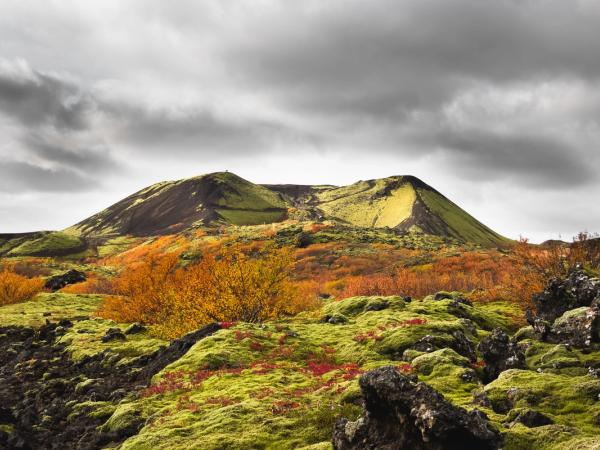 una montaña cubierta de hierba verde y rocas con un cielo nublado de fondo .