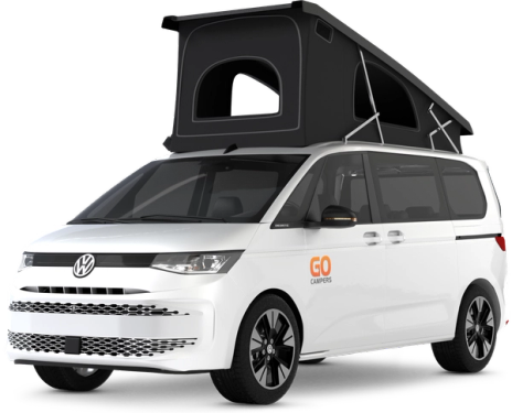 una autocaravana blanca 4x4 de Go Campers con un fondo transparente