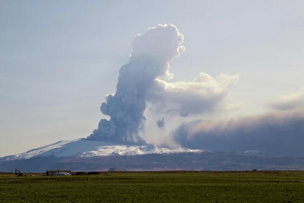 A large grey ash plume erupts from a snow-capped volcano, seen across a green field.