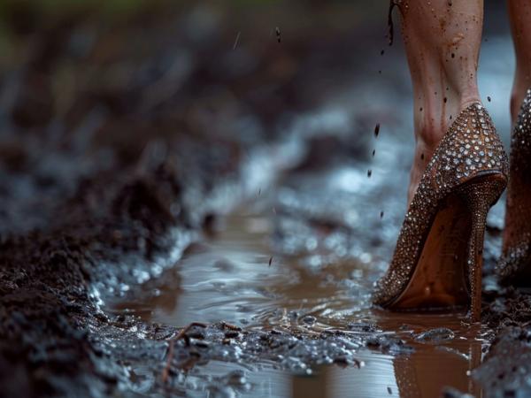 High heels walking on mud