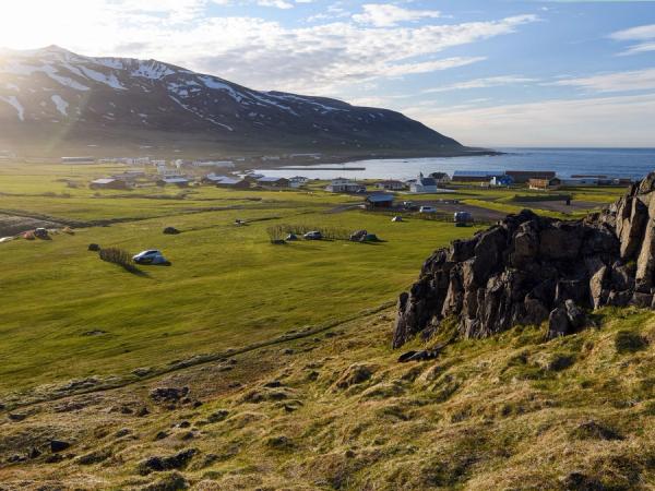 una vista de un campo con una montaña en el fondo y un cuerpo de agua.
