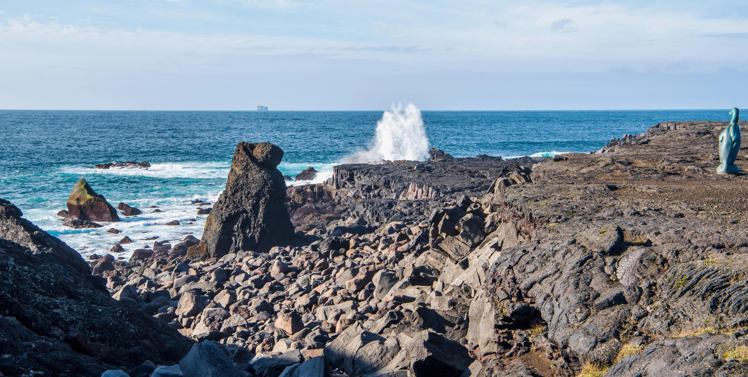 a statue of a woman is standing on a rocky shore near the ocean .