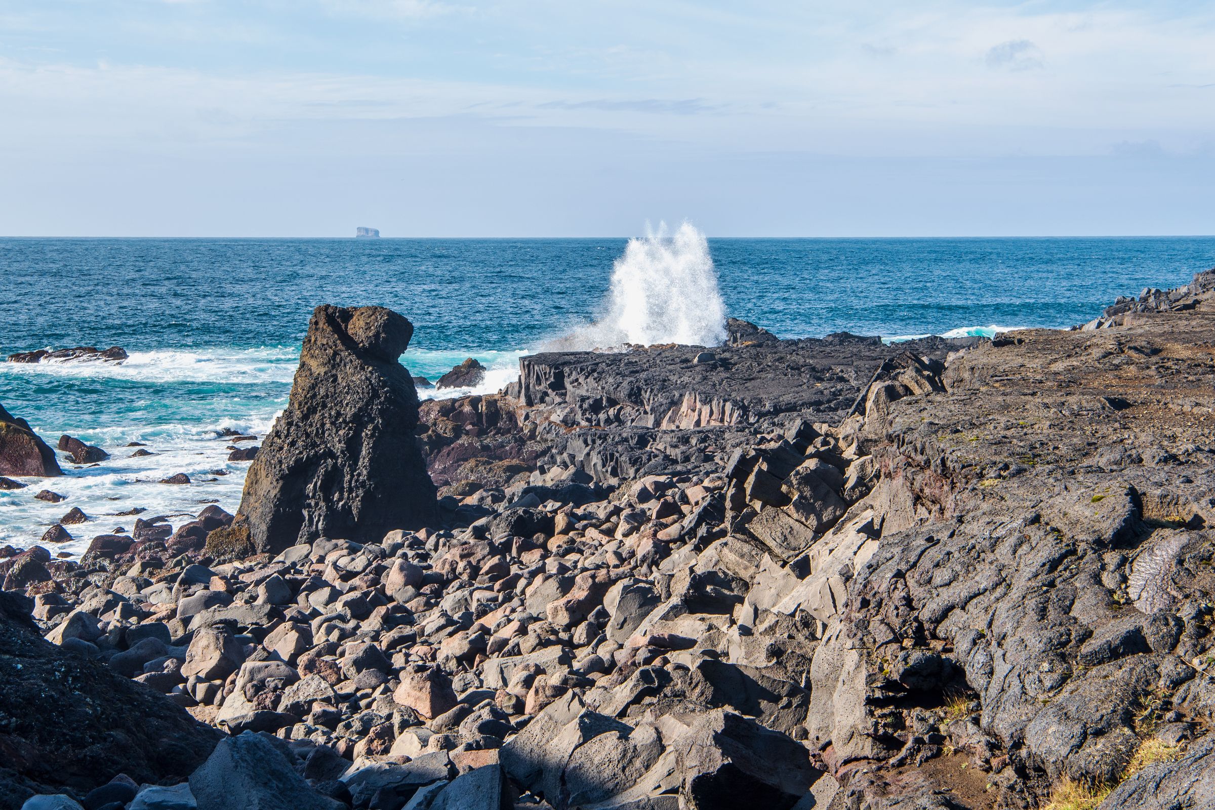 a statue of a woman is standing on a rocky shore near the ocean .