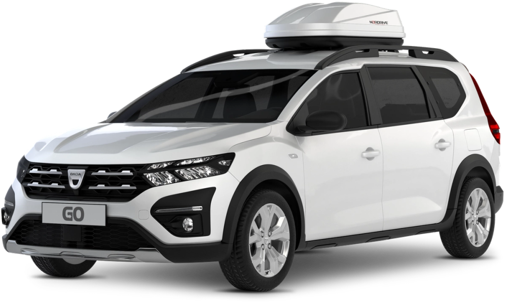 Dacia Jogger als Siebensitzer-Mietwagen in Island mit Schaltgetriebe und Dachbox vor transparentem Hintergrund