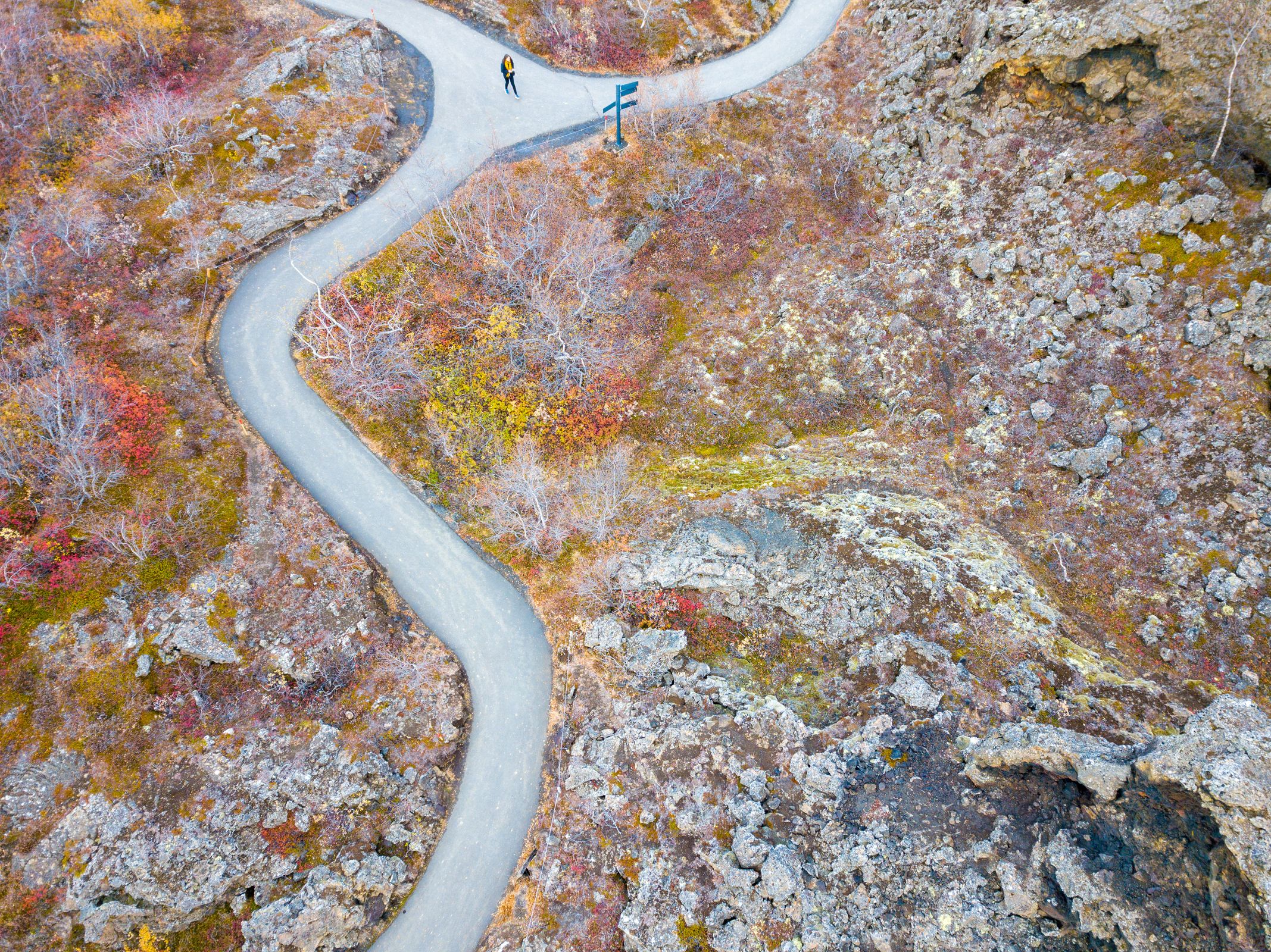 aerial view of a path in Dimmuborgir lava field with a person on it