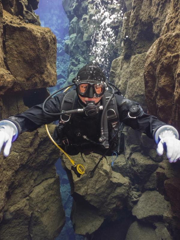 Close up of a diver in Silfra