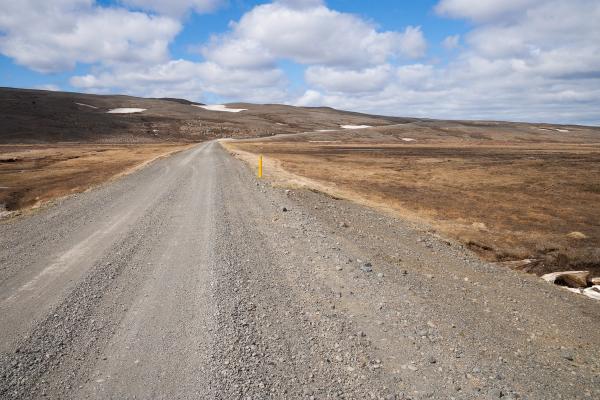 a dirt road going through a desert landscape with mountains in the background .