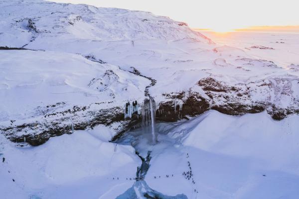 Seljalandsfoss snow beautiful snow covered South Coast of Iceland a unesco world heritage site