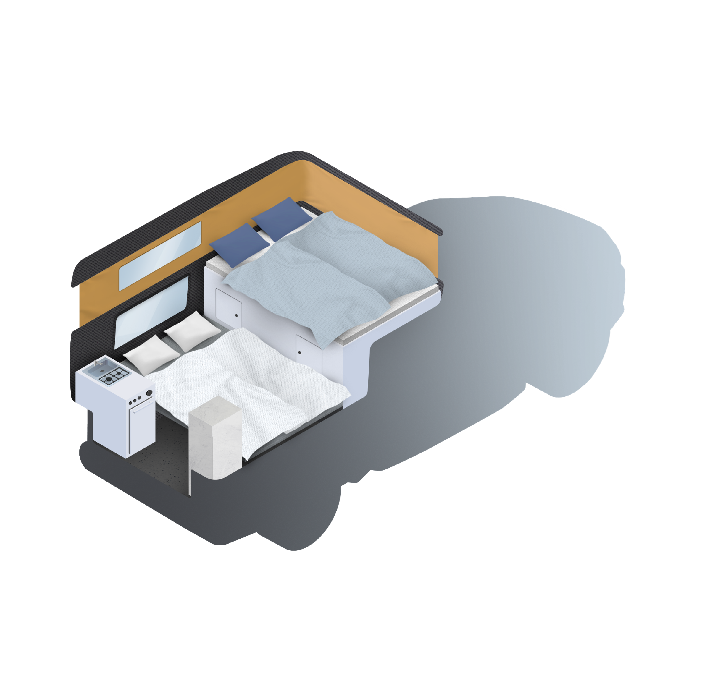 an isometric drawing of a bedroom with two beds and a nightstand