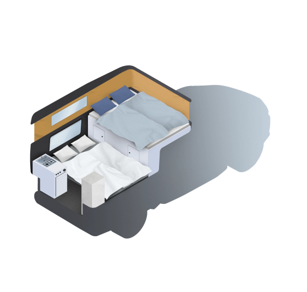 an isometric drawing of a bedroom with two beds and a nightstand