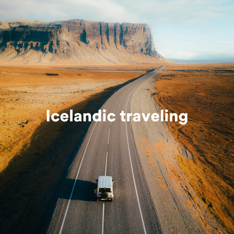 an advertisement for icelandic traveling shows a car driving down a road