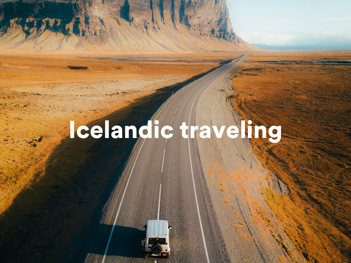 an advertisement for icelandic traveling shows a car driving down a road