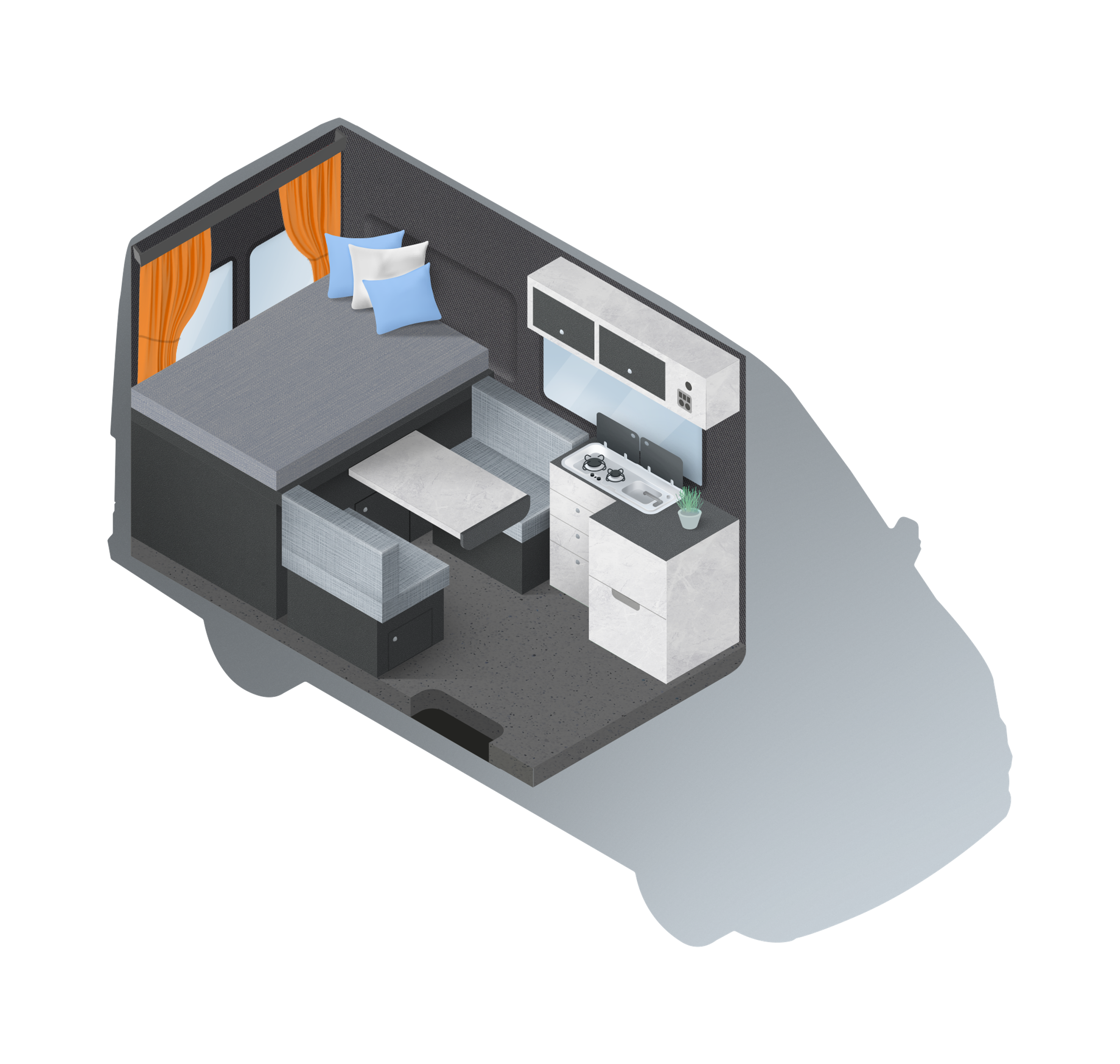 an isometric drawing of a camper with a bed and a table