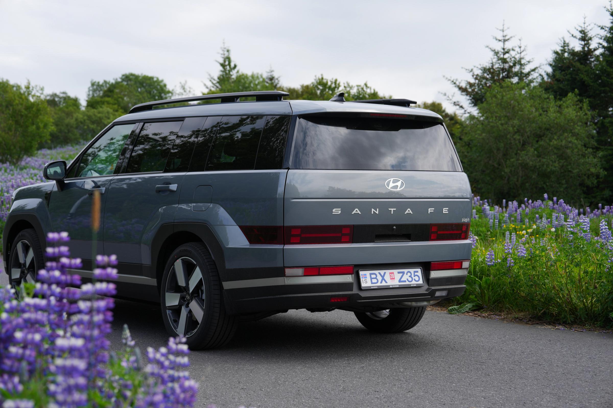 Hyundai Santa Fe rear three quarter view with roof rails, parked on a paved road beside lupins
