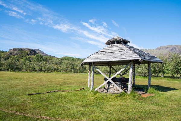 a wooden gazebo is sitting in the middle of a grassy field .