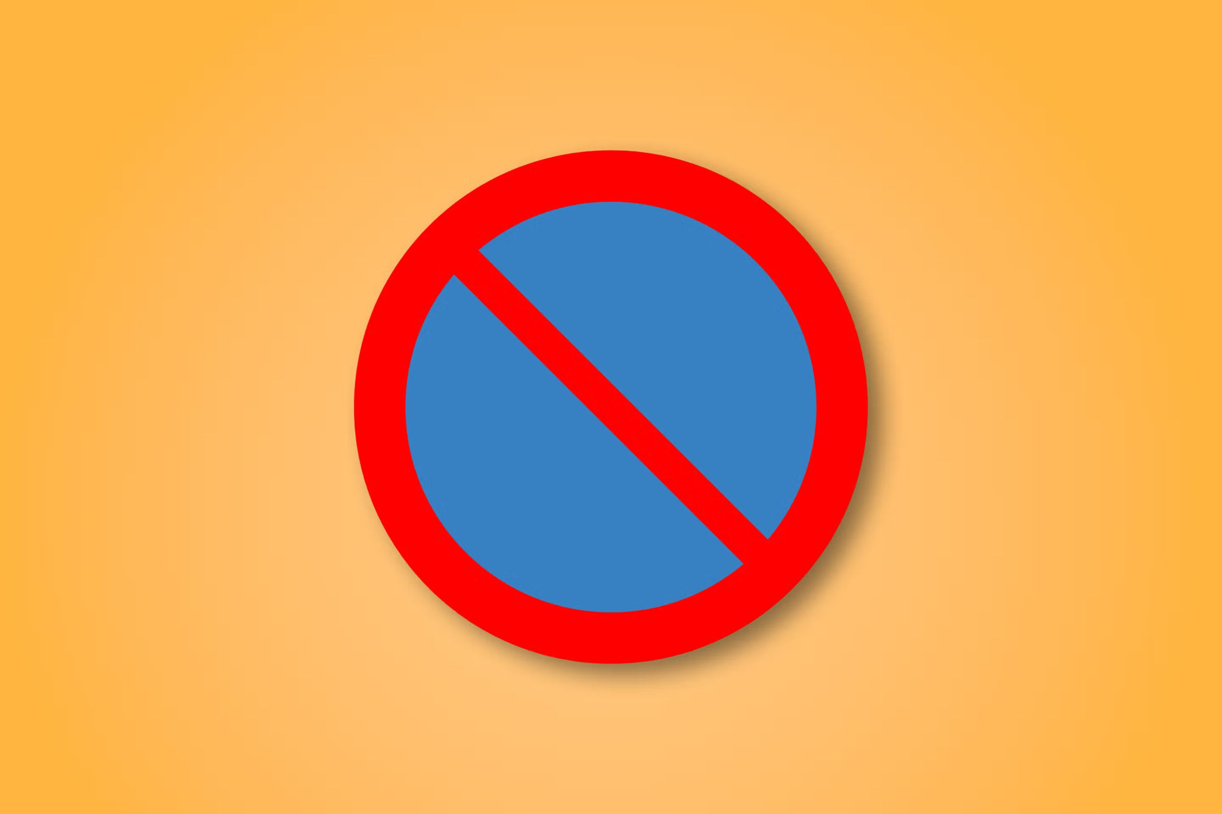 a red and blue circle with a red line through it on a yellow background .