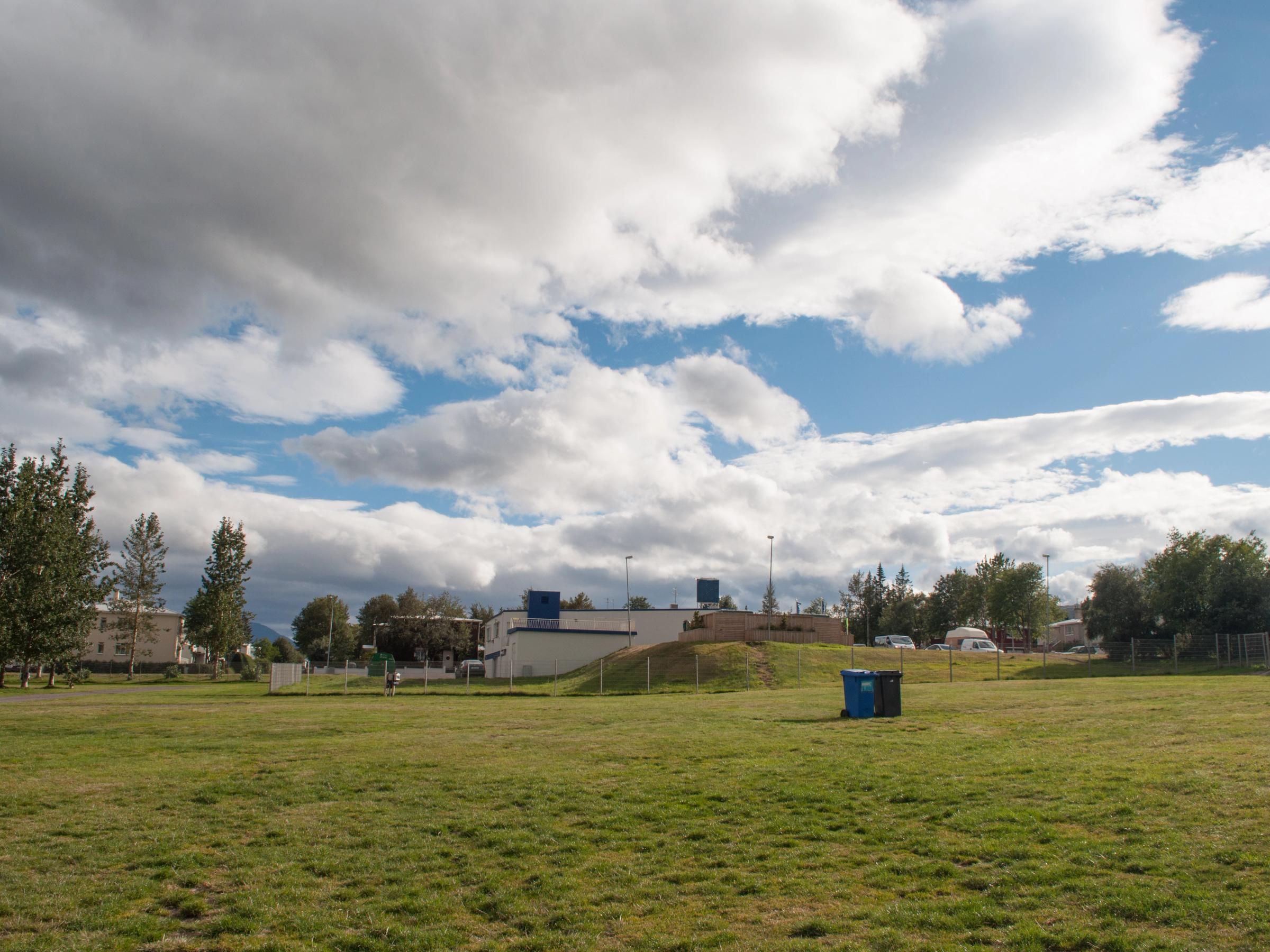 un amplio campo de hierba con un bote de basura azul en el medio bajo un cielo nublado.