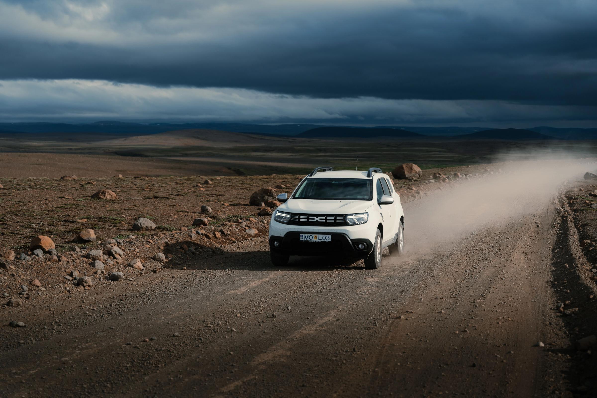 White car in an F-Road in Iceland