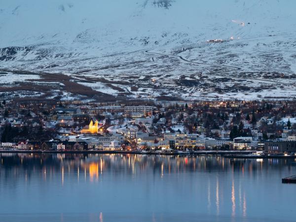 Ciudad iluminada junto a una bahía con reflejos, frente a montañas nevadas.