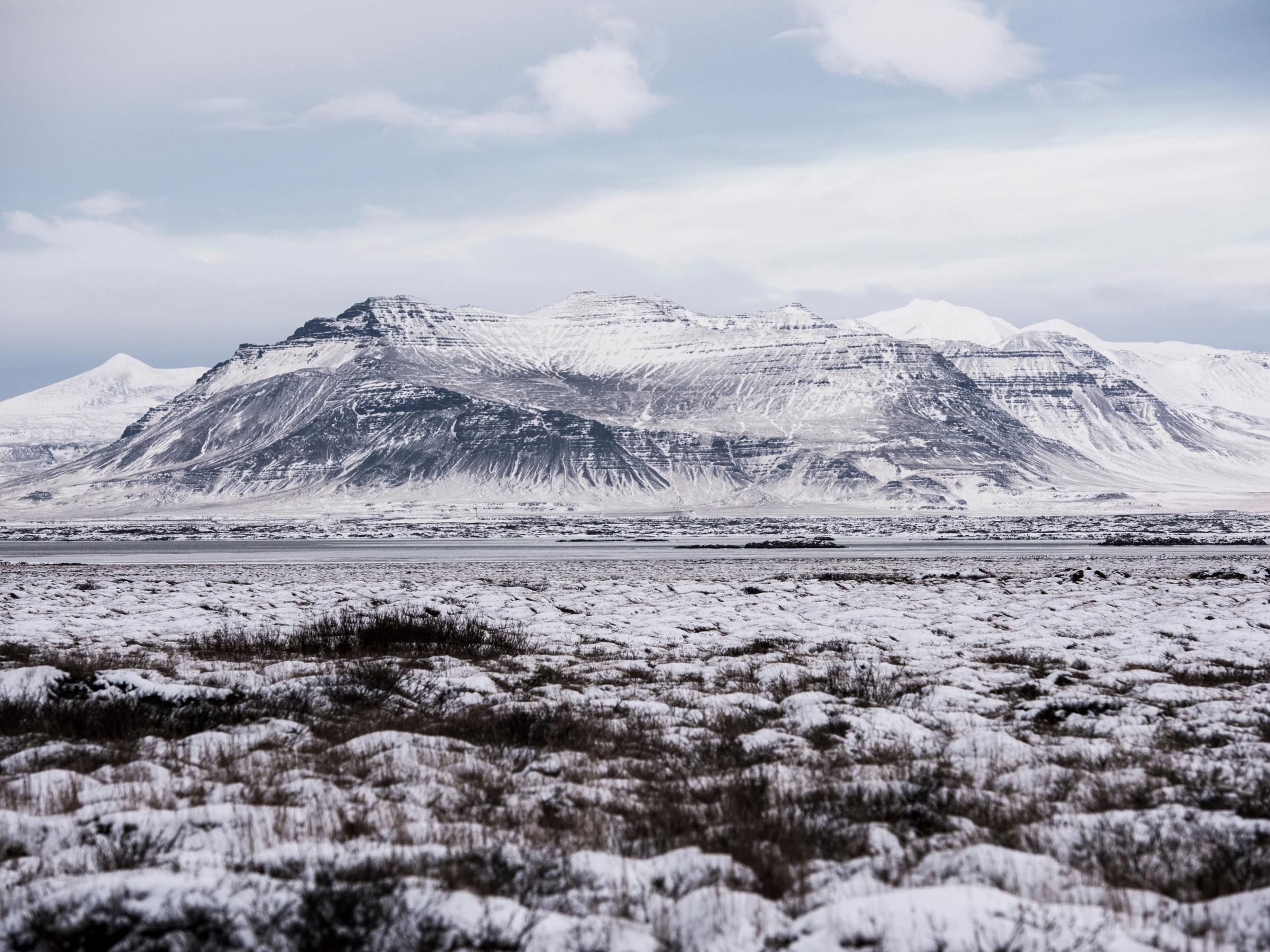 a snowy field with a mountain in the background .