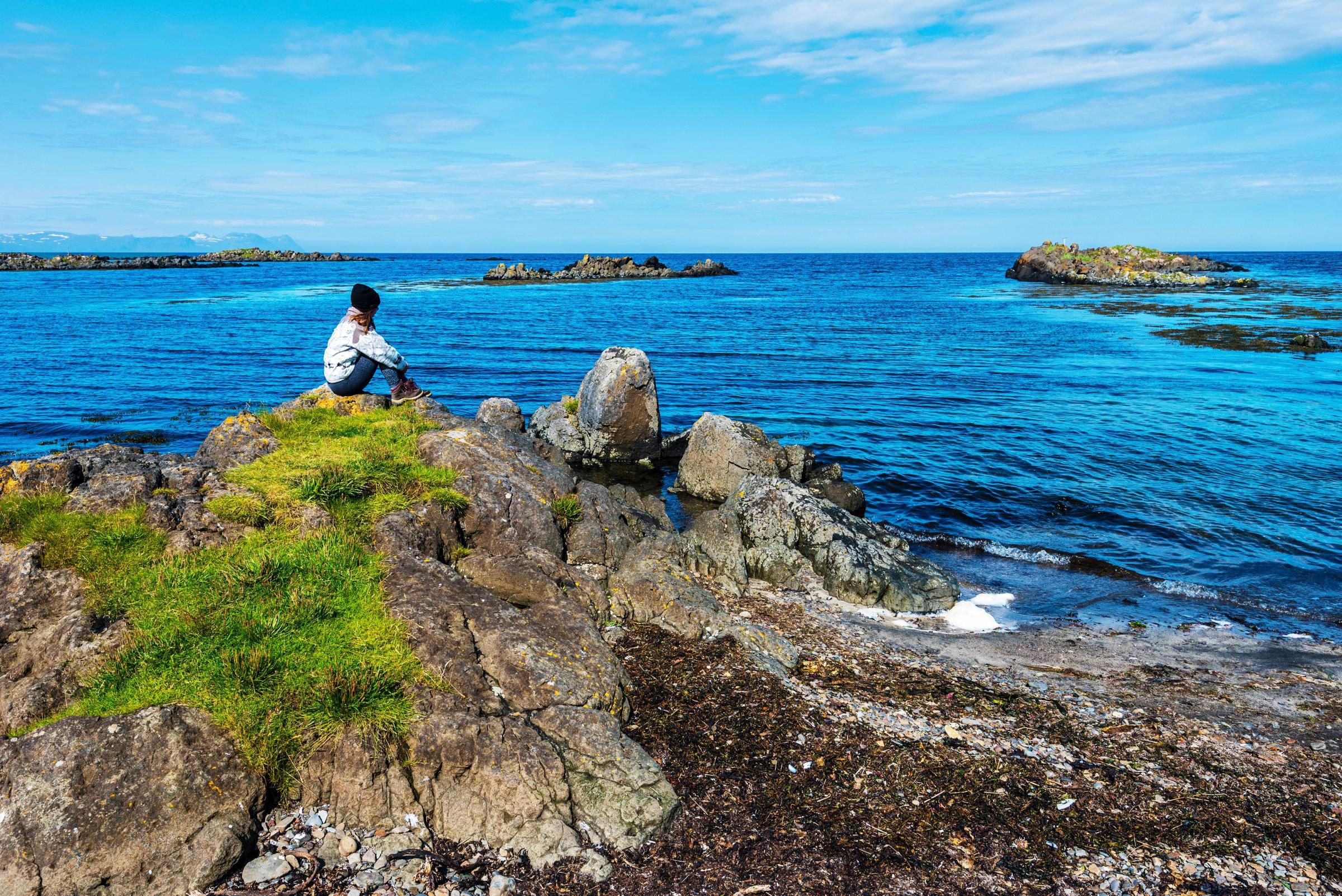 Persona sentada en una roca junto al mar en Islandia
