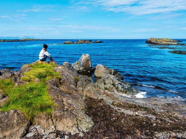 Persona sentada en una roca junto al mar en Islandia