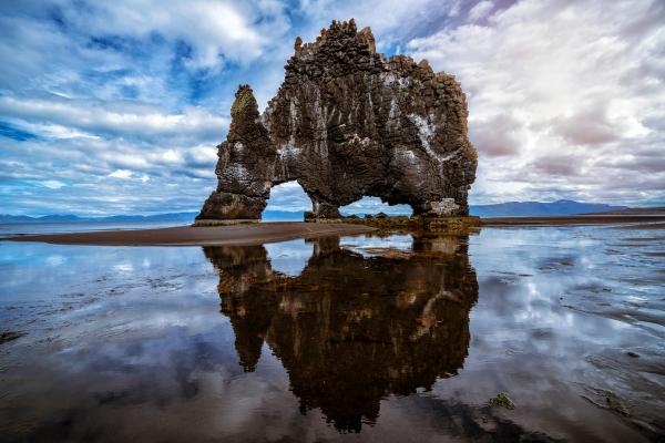 a large rock formation on a beach with a reflection in the water at Hvítserkur in Iceland.