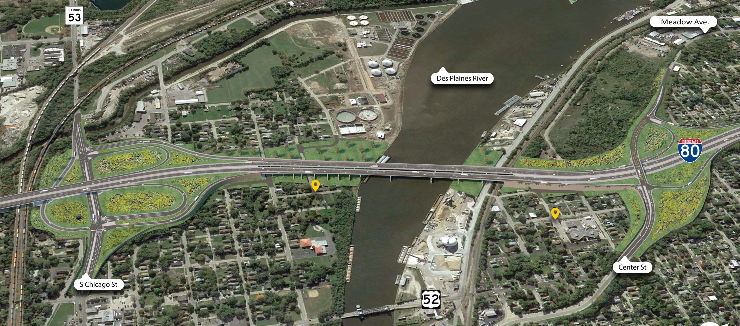 Aerial rendering of the I-80 corridor over the Des Plaines River in Joliet, showing the Chicago Street and Center Street interchanges