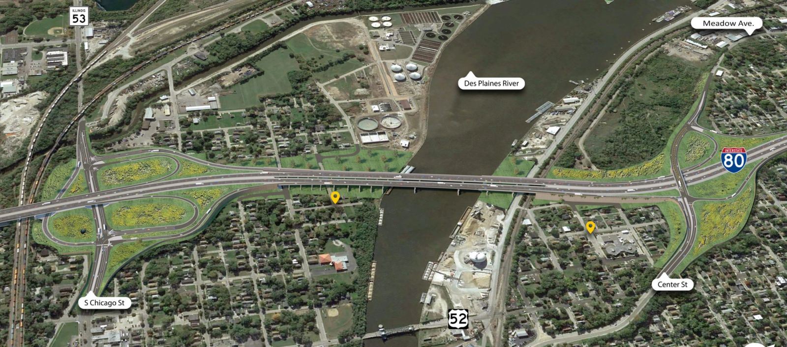 Aerial rendering of the I-80 corridor over the Des Plaines River in Joliet, showing the Chicago Street and Center Street interchanges