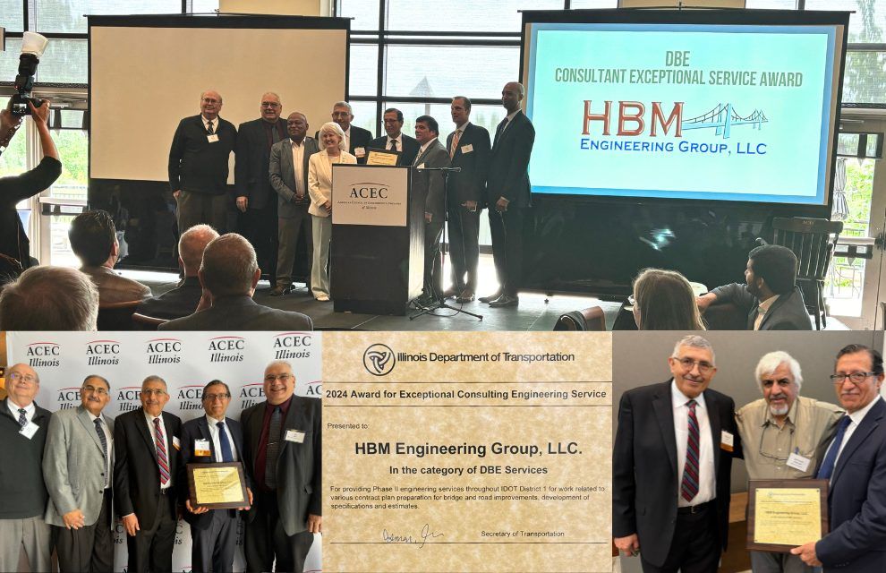 HBM Engineering team accepting the 2024 DBE Consultant Exceptional Service Award at the ACEC Illinois IDOT luncheon