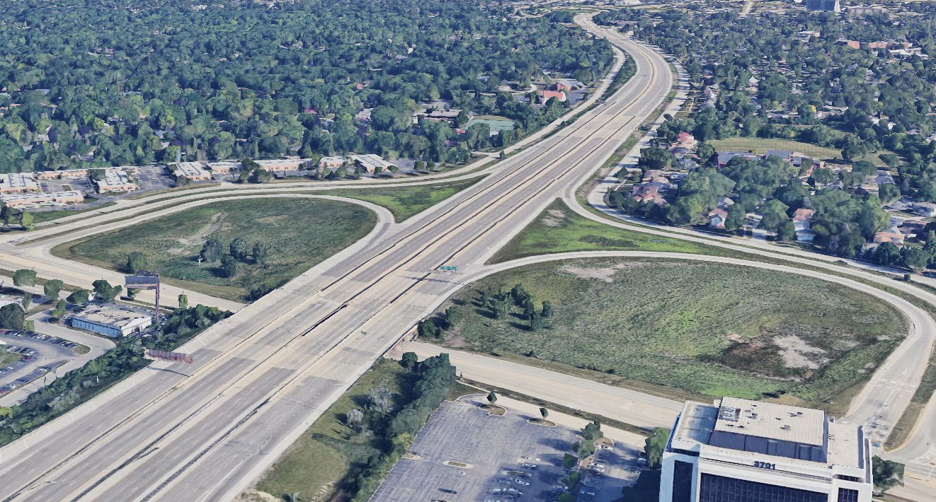 Aerial view of the IL-53 corridor at the IL-62 (Algonquin Road) interchange, part of the Phase III rehabilitation program