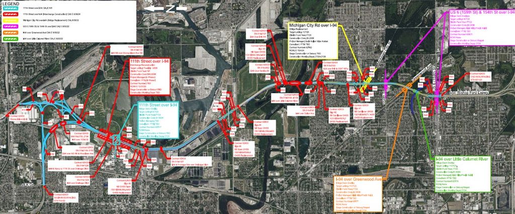Annotated aerial corridor map of the I-94 Bishop Ford Freeway rehabilitation program showing structures and contract limits