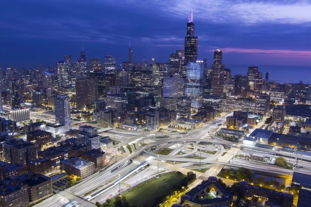The Jane Byrne Interchange and Chicago skyline at dusk