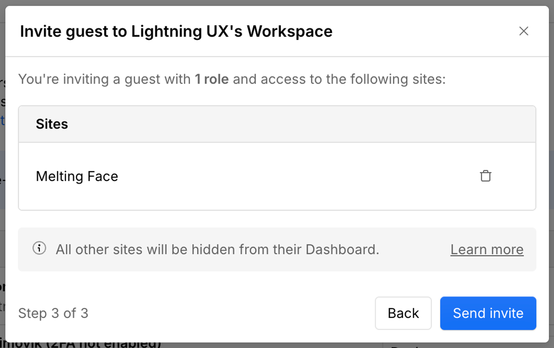 Review step of inviting a guest to your Webflow workspace