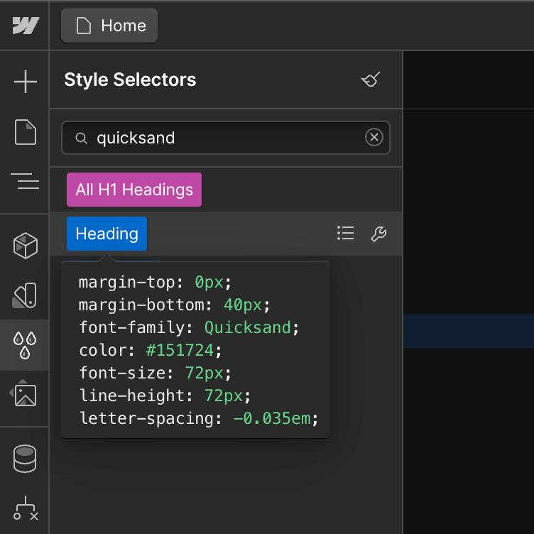 Classes using the font you're looking for being shown in the Webflow Styles Selector section.