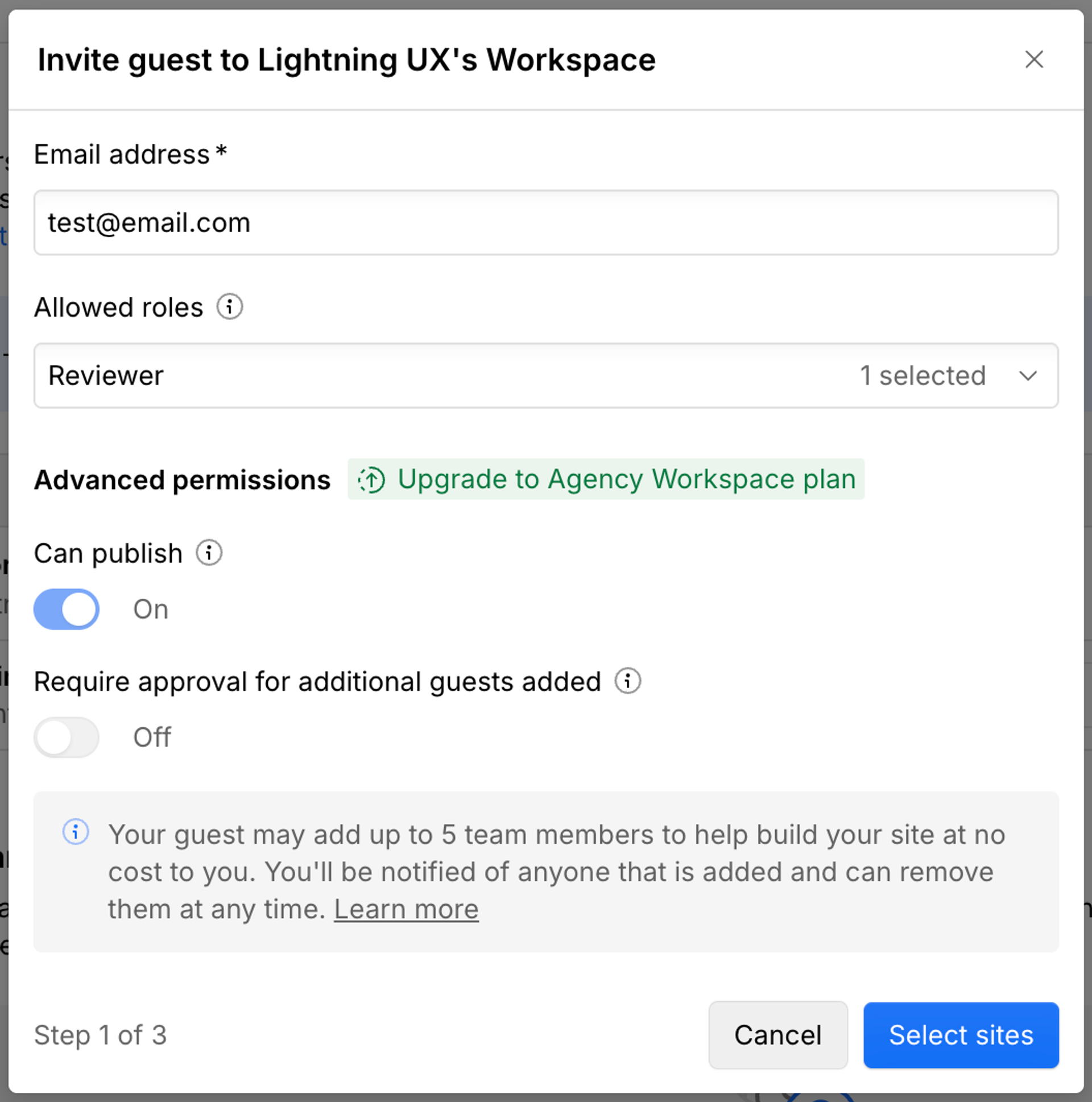 Webflow UI for adding a guest