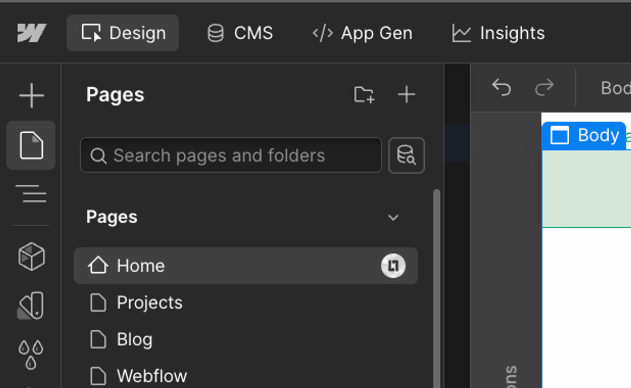 The Webflow navigation bar, with the CMS option at the top