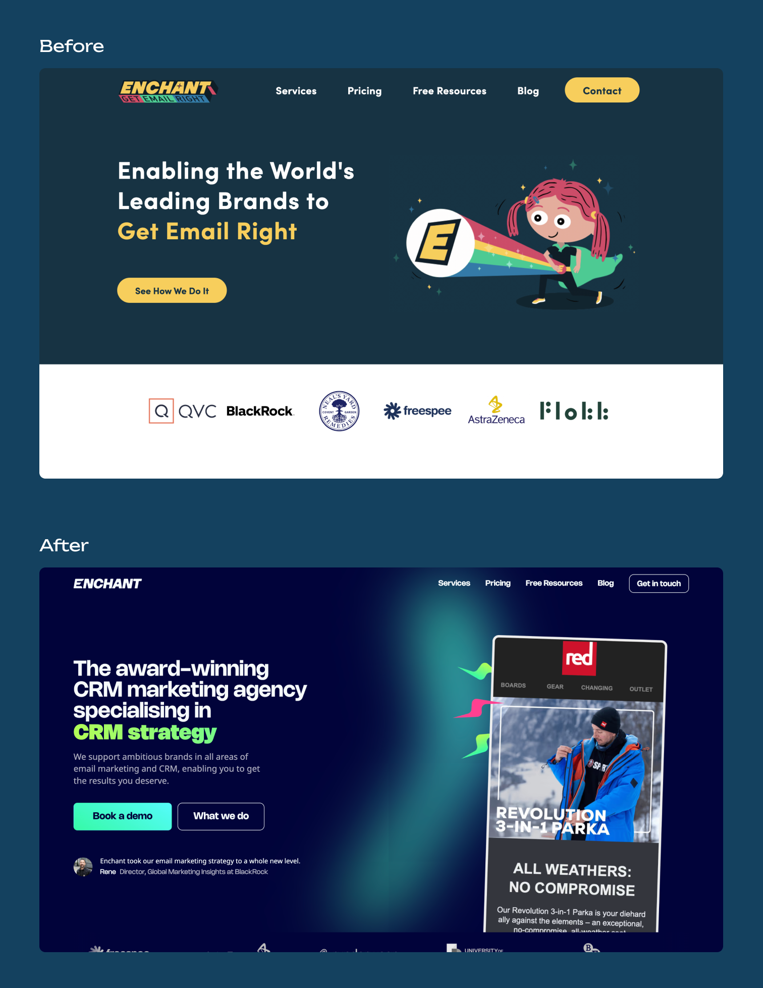 Before vs After comparison of Enchant's website.