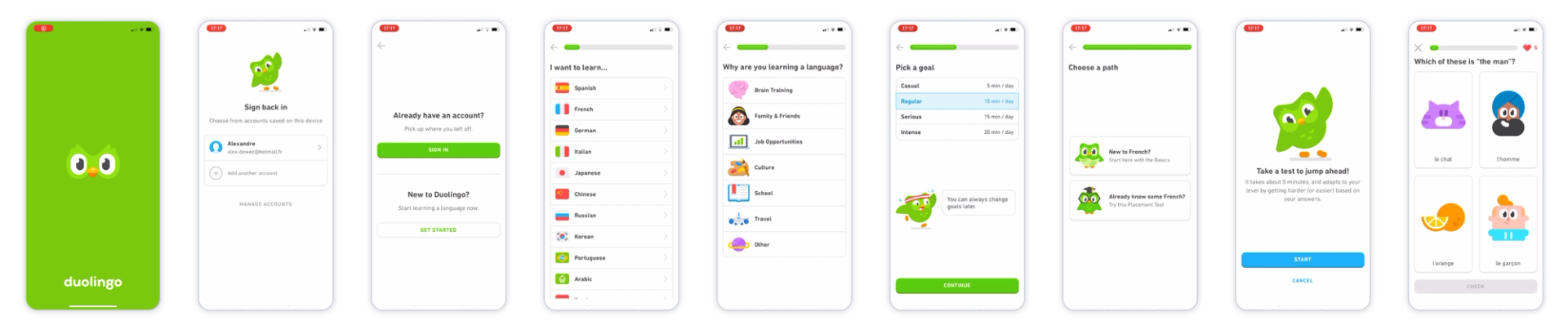 An example of how quickly Duolingo get to showing the user their learning experience.