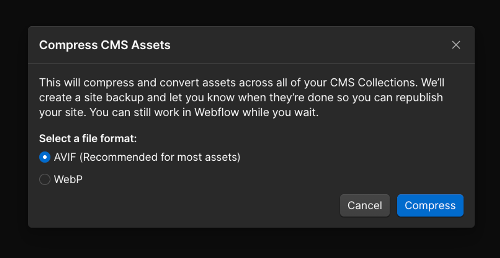 The modal in Webflow showing the choice between AVIF and WebP